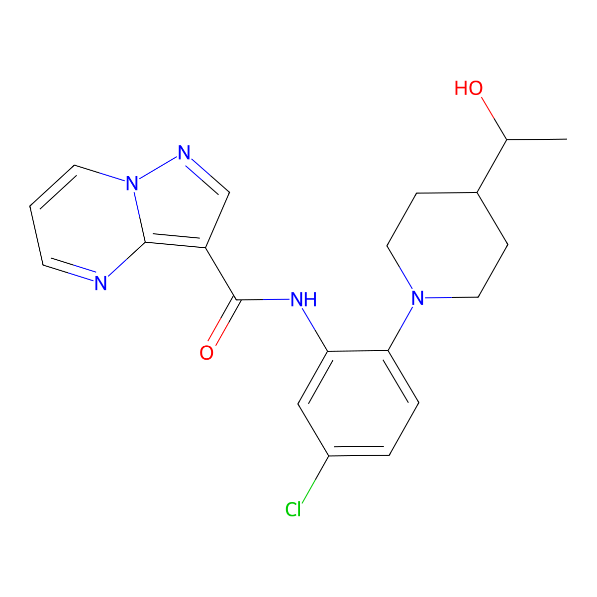 N-(5-Chloro-2-(4-(1-hydroxyethyl)piperidin-1-yl)phenyl)pyrazolo[1,5-a]pyrimidine-3-carboxamide molecular structure, CAS 1356013-27-8