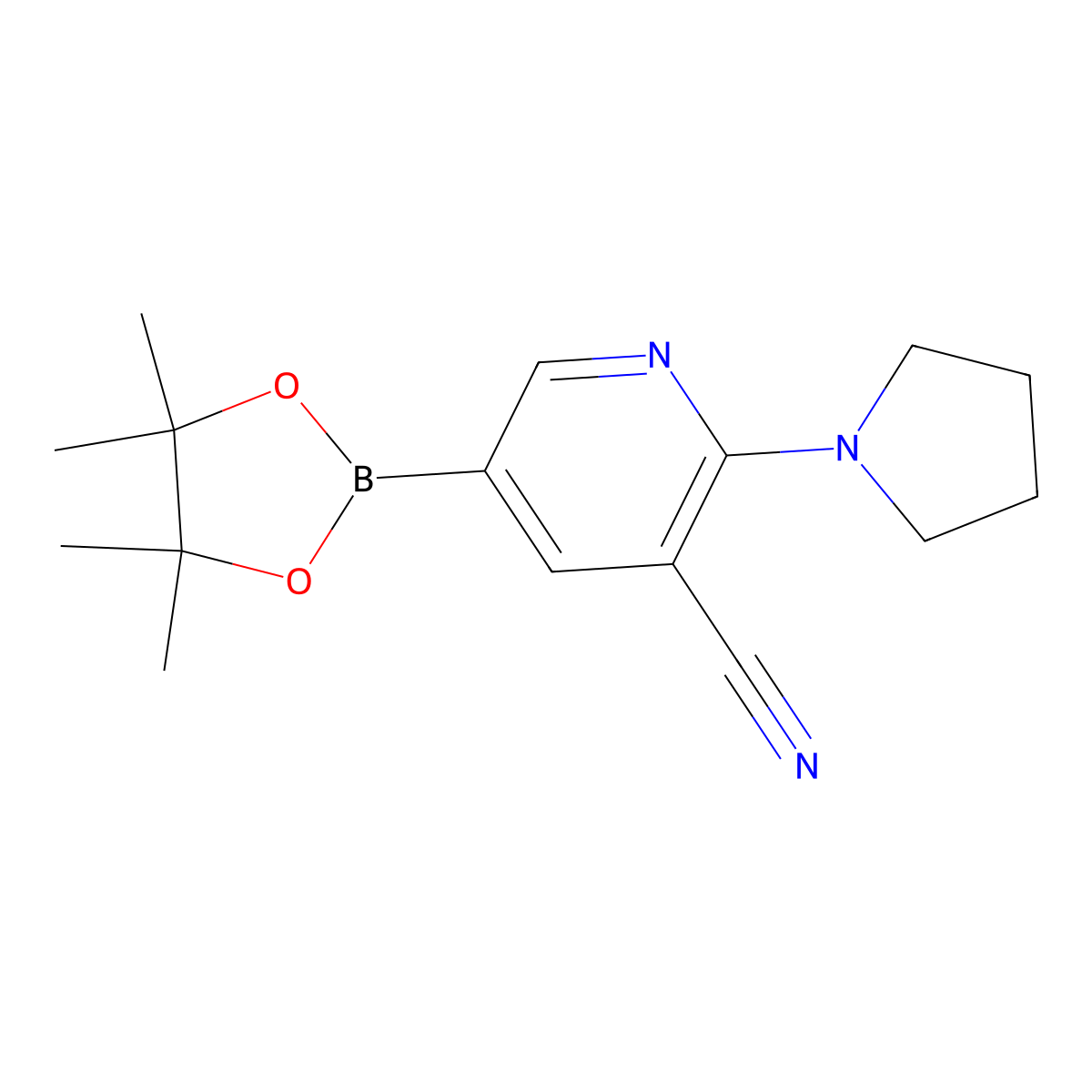 2-(Pyrrolidin-1-yl)-5-(4,4,5,5-tetramethyl-1,3,2-dioxaborolan-2-yl)nicotinonitrile molecular structure, CAS 1356068-52-4