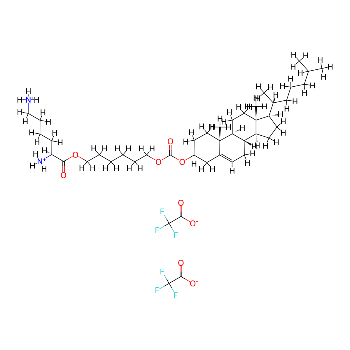 [(2S)-6-azaniumyl-1-[6-[[(3S,8S,9S,10R,13R,14S,17R)-10,13-dimethyl-17-[(2R)-6-methylheptan-2-yl]-2,3,4,7,8,9,11,12,14,15,16,17-dodecahydro-1H-cyclopenta[a]phenanthren-3-yl]oxycarbonyloxy]hexoxy]-1-oxohexan-2-yl]azanium;bis(2,2,2-trifluoroacetate) molecular structure, CAS 1356250-80-0