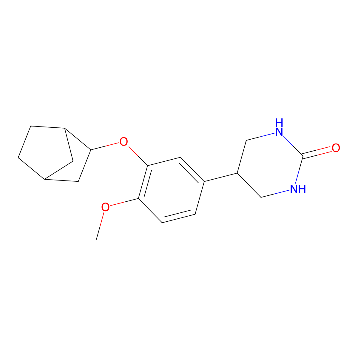 2(1H)-Pyrimidinone,5-[3-[(1S,2S,4R)-bicyclo[2.2.1]hept-2-yloxy]-4-methoxyphenyl]tetrahydro- molecular structure, CAS 135637-46-6