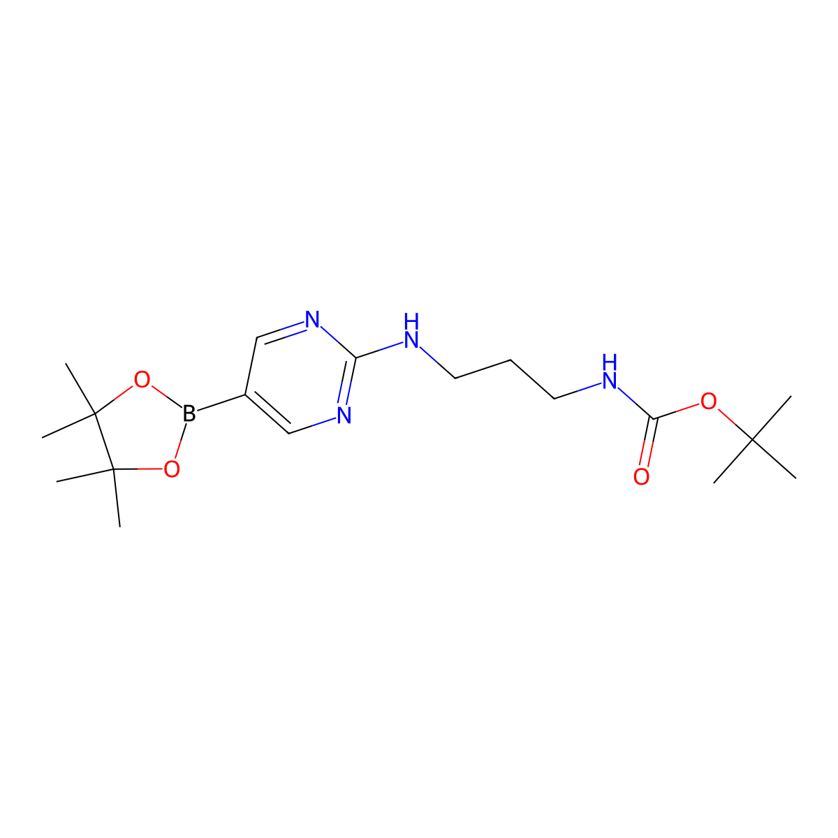 Tert-butyl (3-((5-(4,4,5,5-tetramethyl-1,3,2-dioxaborolan-2-YL)pyrimidin-2-YL)amino)propyl)carbamate molecular structure, CAS 1356464-60-2