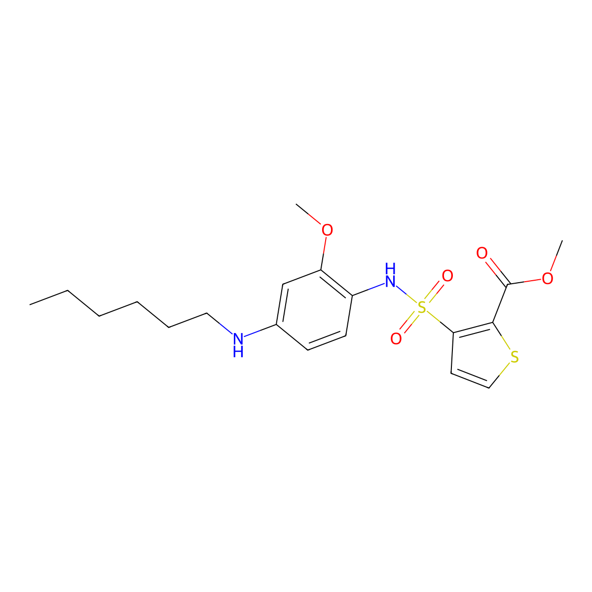 methyl 3-(N-(4-(hexylamino)-2-methoxyphenyl)sulfamoyl)thiophene-2-carboxylate molecular structure, CAS 1356497-91-0