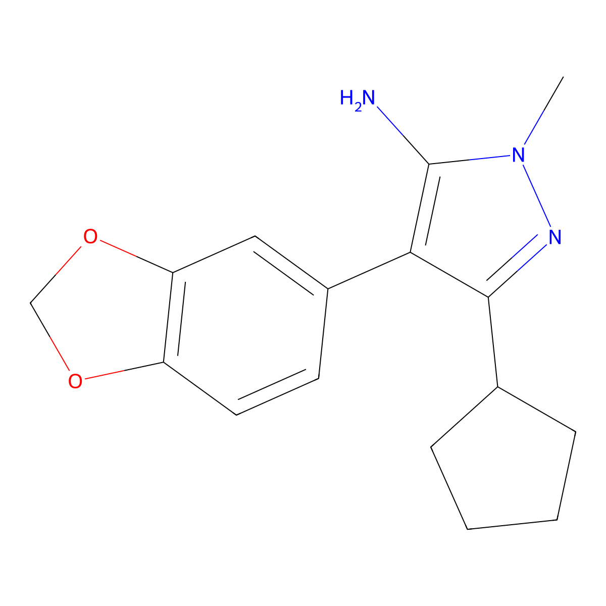 4-(2H-1,3-benzodioxol-5-yl)-5-cyclopentyl-2-methyl-2,3-dihydro-1H-pyrazol-3-imine molecular structure, CAS 1356725-17-1