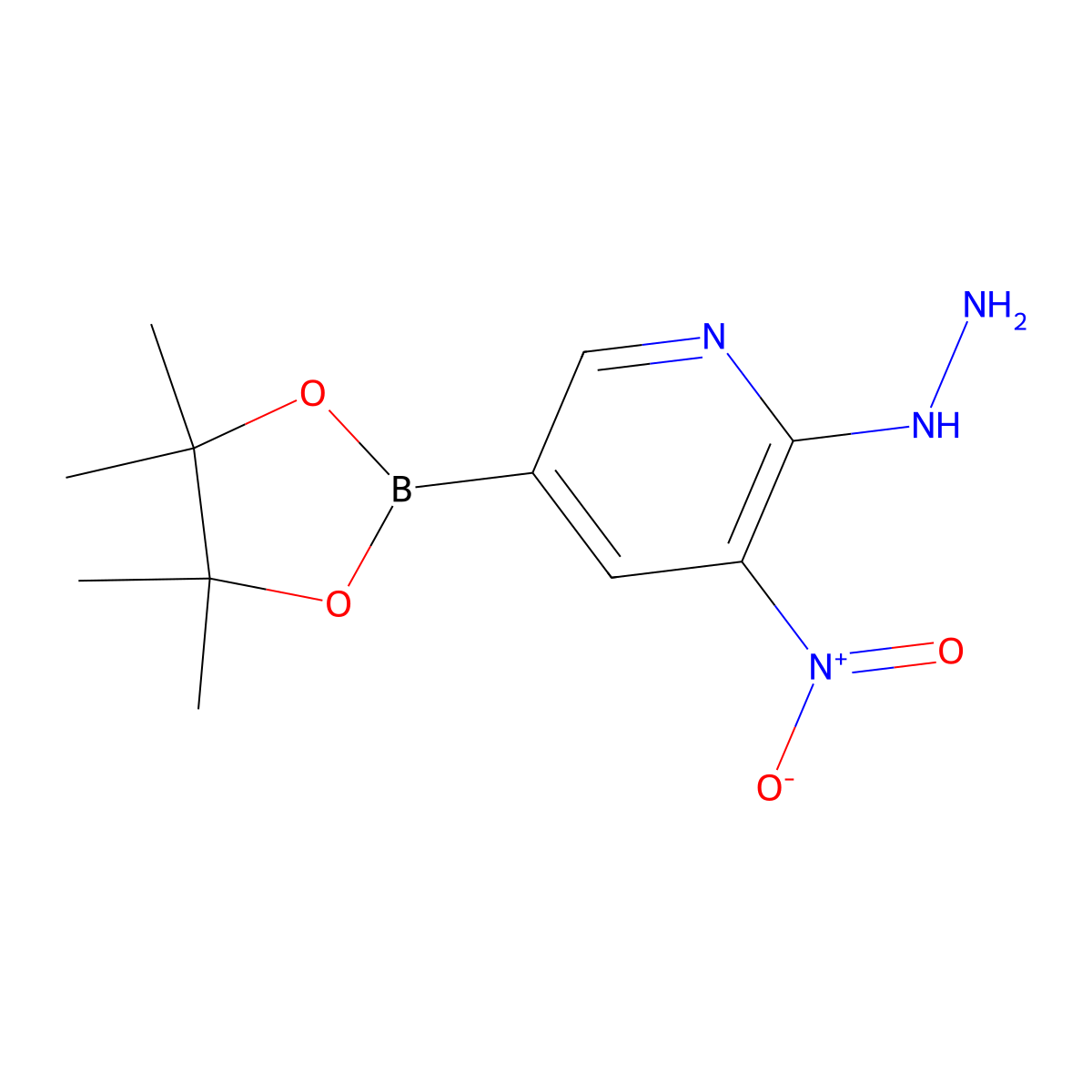 2-Hydrazinyl-3-nitro-5-(tetramethyl-1,3,2-dioxaborolan-2-yl)pyridine molecular structure, CAS 1356829-95-2