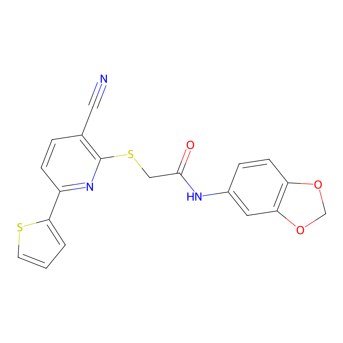 N-(2H-1,3-Benzodioxol-5-YL)-2-{[3-cyano-6-(thiophen-2-YL)pyridin-2-YL]sulfanyl}acetamide molecular structure, CAS 1356830-78-8