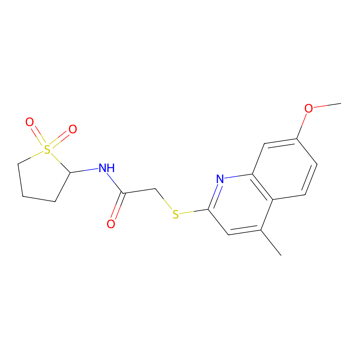N-(1,1-dioxothiolan-2-yl)-2-(7-methoxy-4-methylquinolin-2-yl)sulfanylacetamide molecular structure, CAS 1356831-11-2