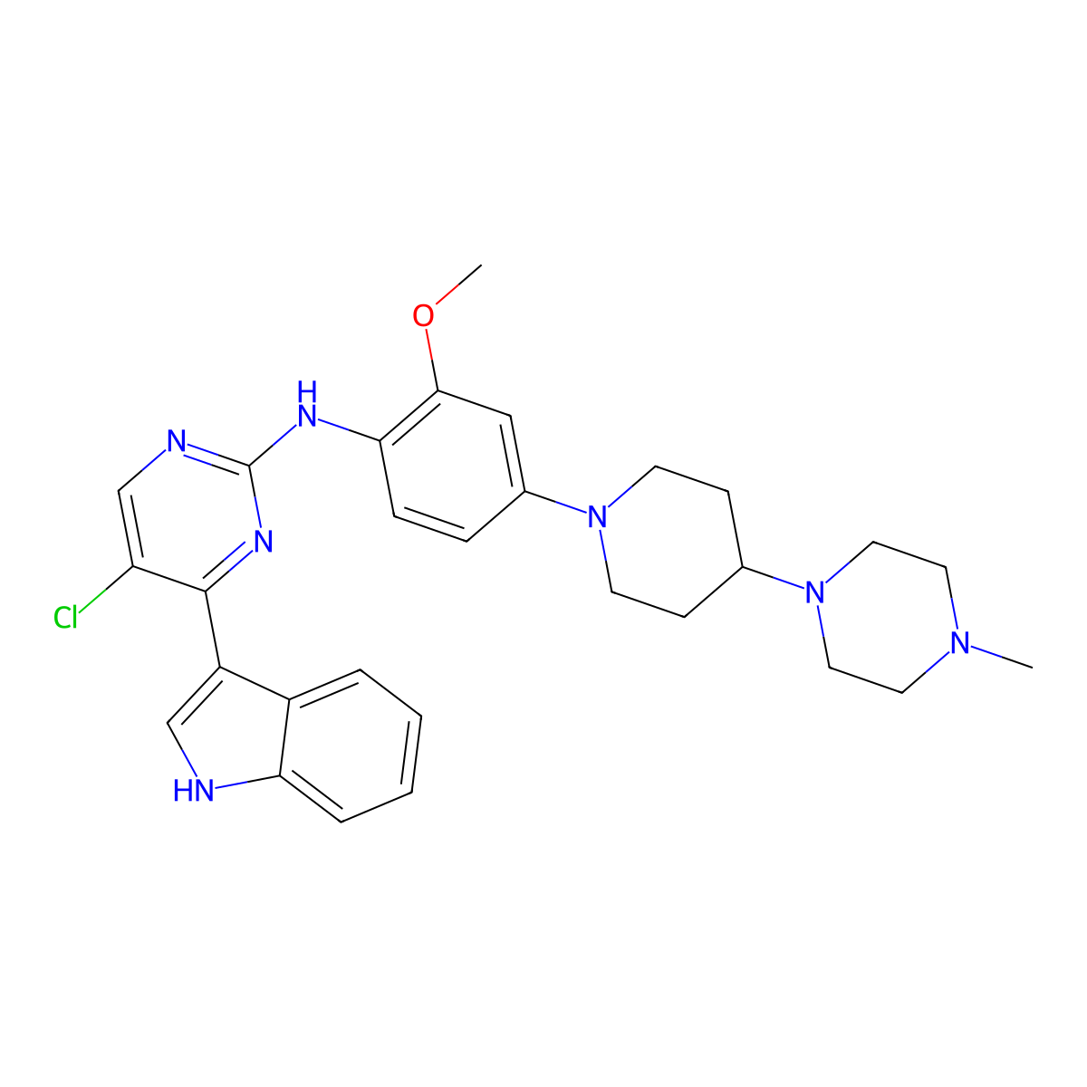 5-Chloro-4-(1H-indol-3-yl)-N-(2-methoxy-4-(4-(4-methylpiperazin-1-yl)piperidin-1-yl)phenyl)pyrimidin-2-amine molecular structure, CAS 1356962-34-9