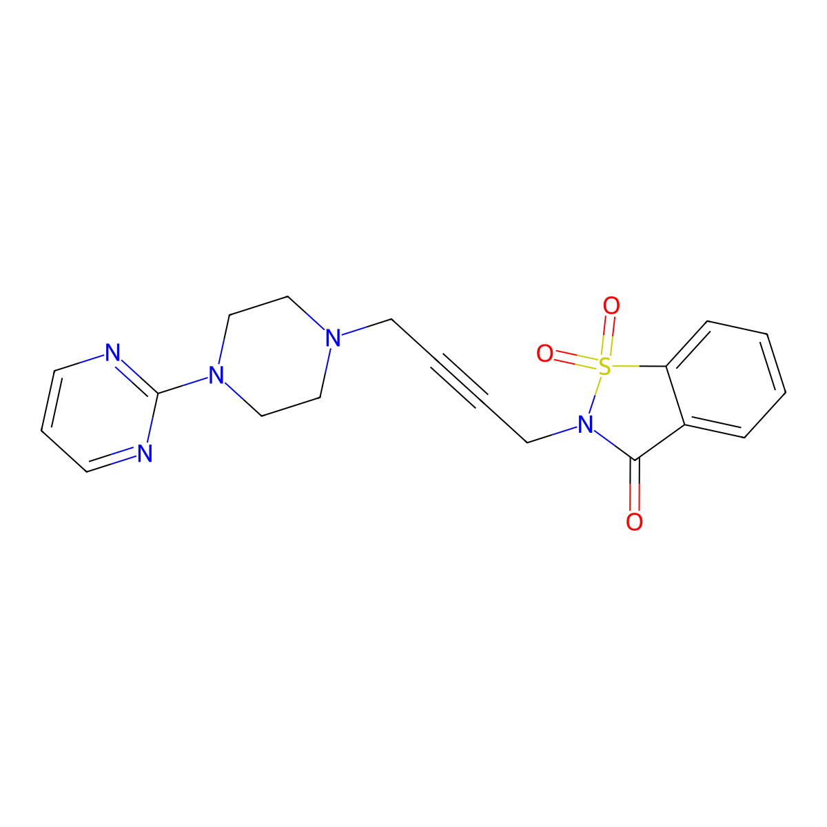 1,2-Benzisothiazol-3(2H)-one, 2-(4-(4-(2-pyrimidinyl)-1-piperazinyl)-2-butynyl)-, 1,1-dioxide molecular structure, CAS 135704-99-3