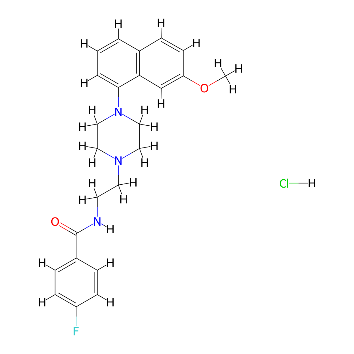 Benzamide, 4-fluoro-N-(2-(4-(7-methoxy-1-naphthalenyl)-1-piperazinyl)ethyl)-, hydrochloride (1:?) molecular structure, CAS 135721-98-1