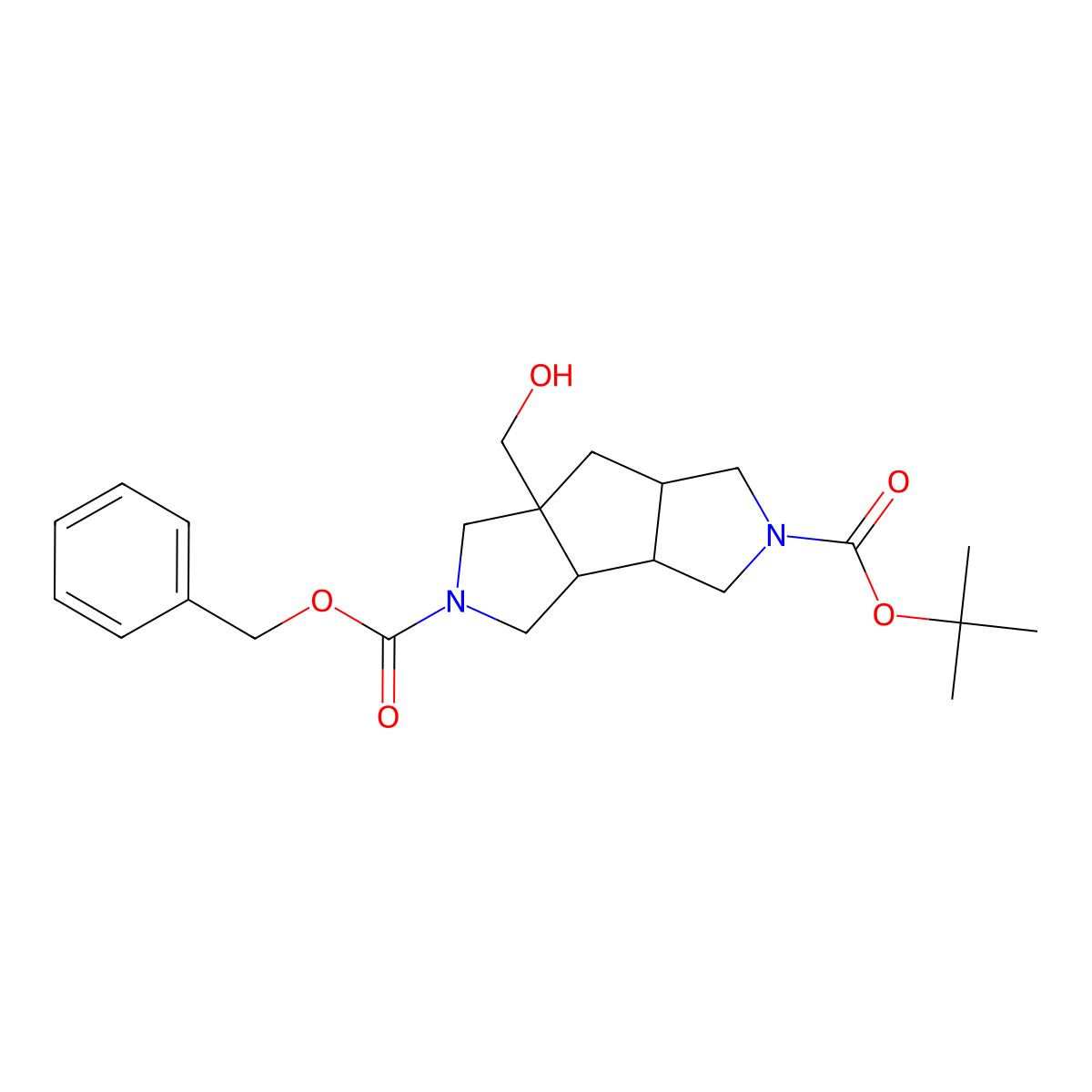 (3aS,3bR,6aR,7aS)-5-benzyl 2-tert-butyl 6a-(hydroxymethyl)octahydro-1H-cyclopenta[1,2-c:3,4-c']dipyrrole-2,5-dicarboxylate molecular structure, CAS 1357353-08-2