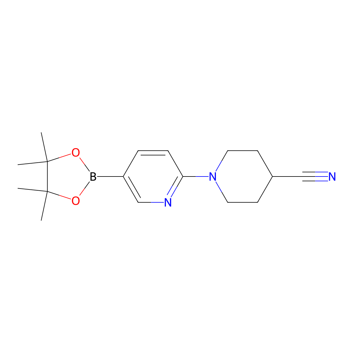 1-(5-(4,4,5,5-Tetramethyl-1,3,2-dioxaborolan-2-yl)pyridin-2-yl)piperidine-4-carbonitrile molecular structure, CAS 1357397-74-0