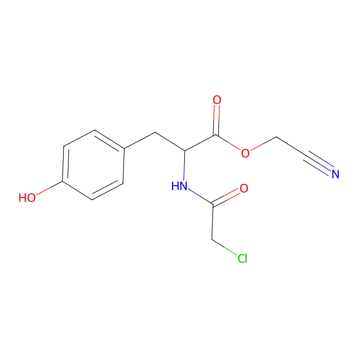Cyanomethyl (2R)-2-[(2-chloroacetyl)amino]-3-(4-hydroxyphenyl)propanoate molecular structure, CAS 1357455-93-6