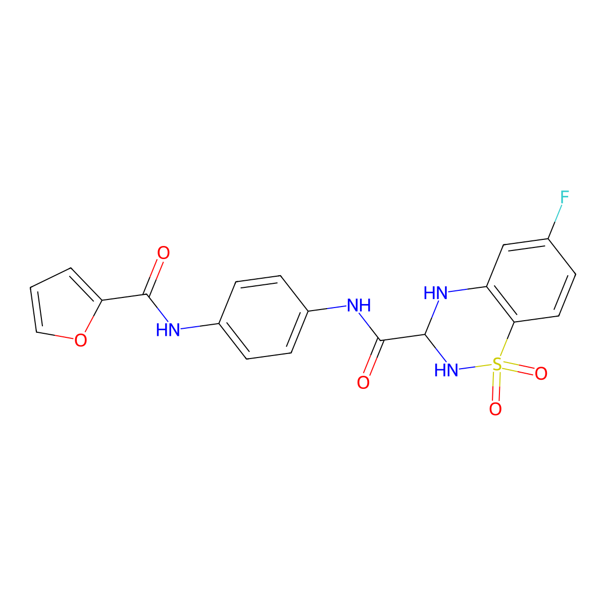 6-fluoro-N-(4-(furan-2-carboxamido)phenyl)-3,4-dihydro-2H-benzo[e][1,2,4]thiadiazine-3-carboxamide 1,1-dioxide molecular structure, CAS 1357636-70-4