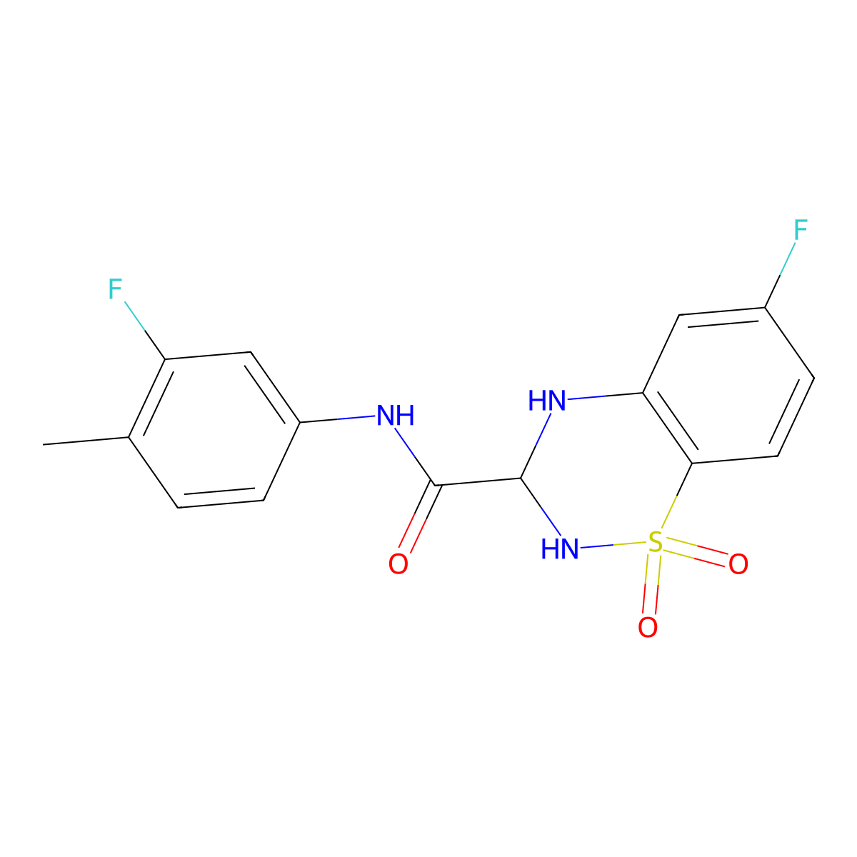 6-fluoro-N-(3-fluoro-4-methylphenyl)-3,4-dihydro-2H-benzo[e][1,2,4]thiadiazine-3-carboxamide 1,1-dioxide molecular structure, CAS 1357639-64-5