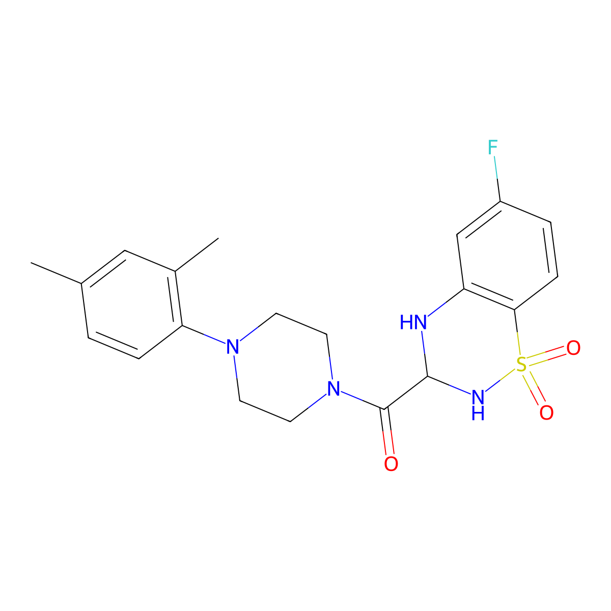 (4-(2,4-dimethylphenyl)piperazin-1-yl)(6-fluoro-1,1-dioxido-3,4-dihydro-2H-benzo[e][1,2,4]thiadiazin-3-yl)methanone molecular structure, CAS 1357696-00-4