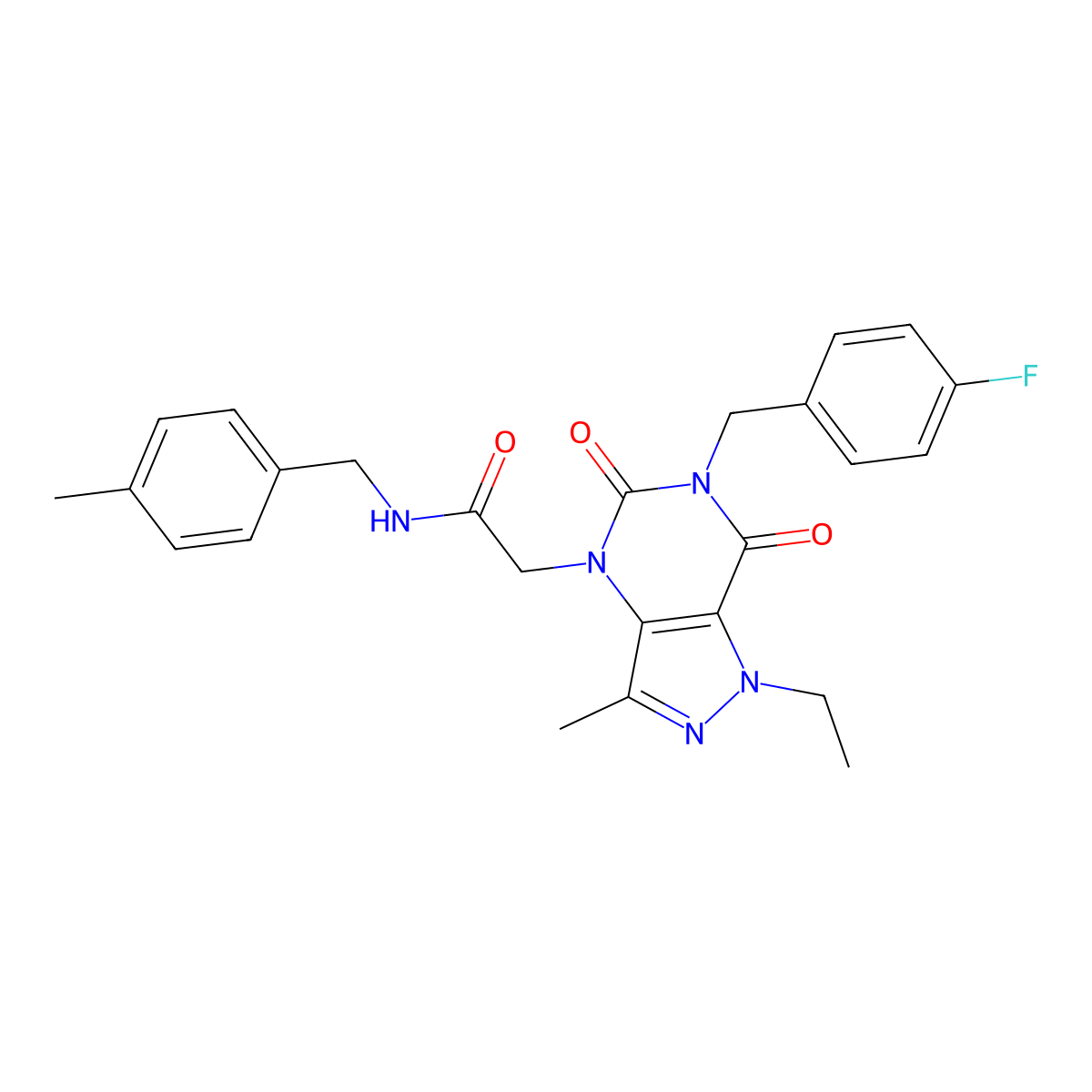 2-(1-ethyl-6-(4-fluorobenzyl)-3-methyl-5,7-dioxo-6,7-dihydro-1H-pyrazolo[4,3-d]pyrimidin-4(5H)-yl)-N-(4-methylbenzyl)acetamide molecular structure, CAS 1357705-04-4