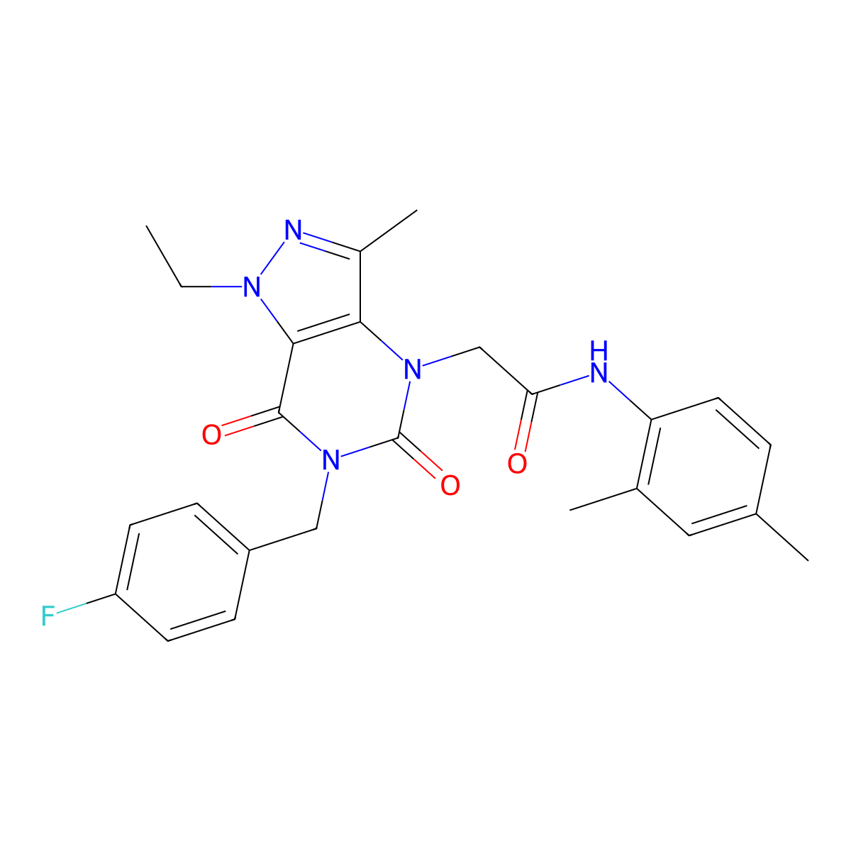 N-(2,4-dimethylphenyl)-2-(1-ethyl-6-(4-fluorobenzyl)-3-methyl-5,7-dioxo-6,7-dihydro-1H-pyrazolo[4,3-d]pyrimidin-4(5H)-yl)acetamide molecular structure, CAS 1357705-12-4