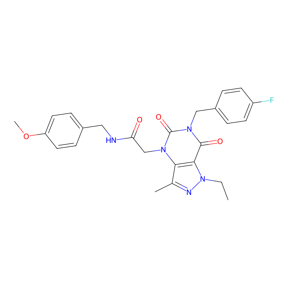 2-(1-ethyl-6-(4-fluorobenzyl)-3-methyl-5,7-dioxo-6,7-dihydro-1H-pyrazolo[4,3-d]pyrimidin-4(5H)-yl)-N-(4-methoxybenzyl)acetamide molecular structure, CAS 1357705-27-1