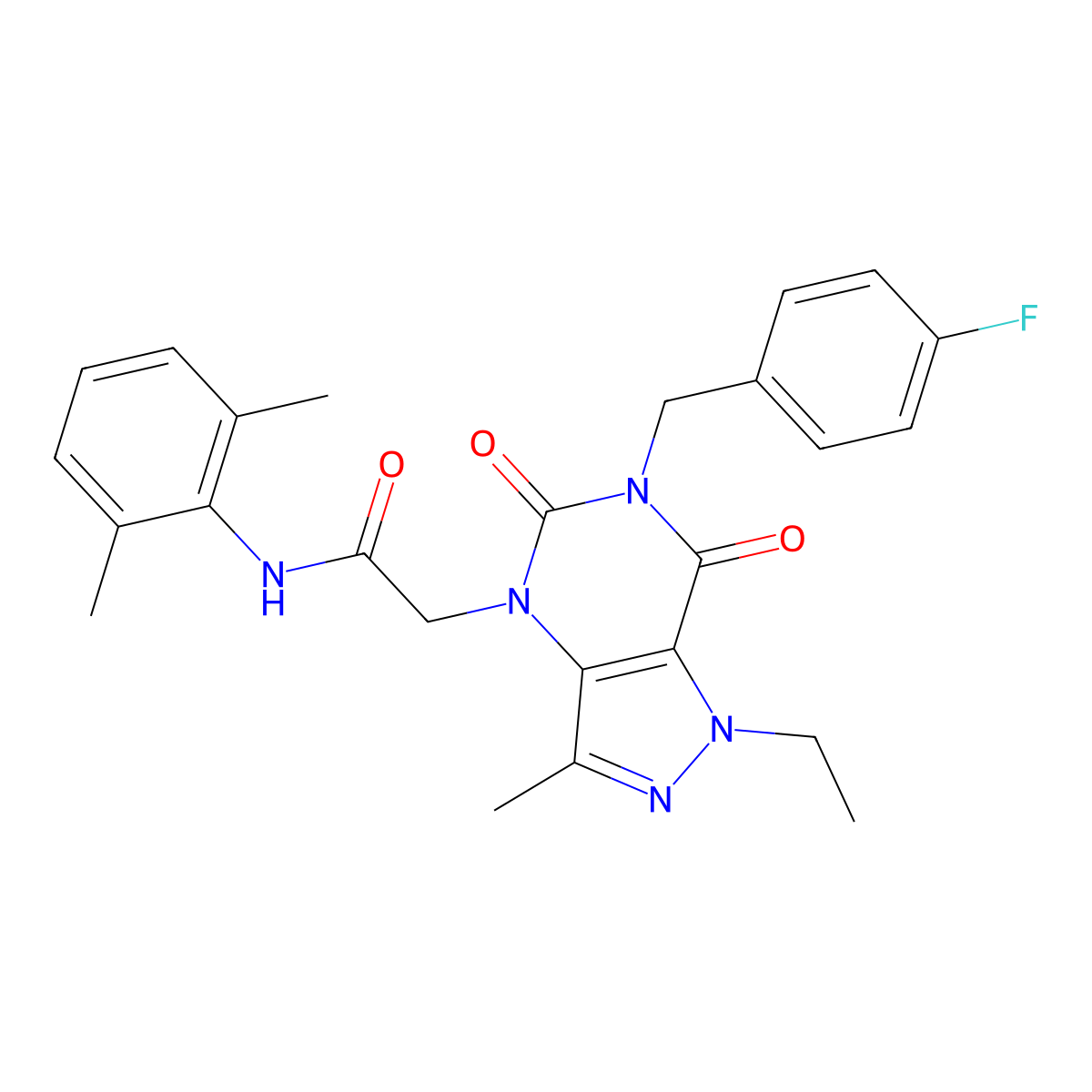 N-(2,6-dimethylphenyl)-2-(1-ethyl-6-(4-fluorobenzyl)-3-methyl-5,7-dioxo-6,7-dihydro-1H-pyrazolo[4,3-d]pyrimidin-4(5H)-yl)acetamide molecular structure, CAS 1357705-32-8