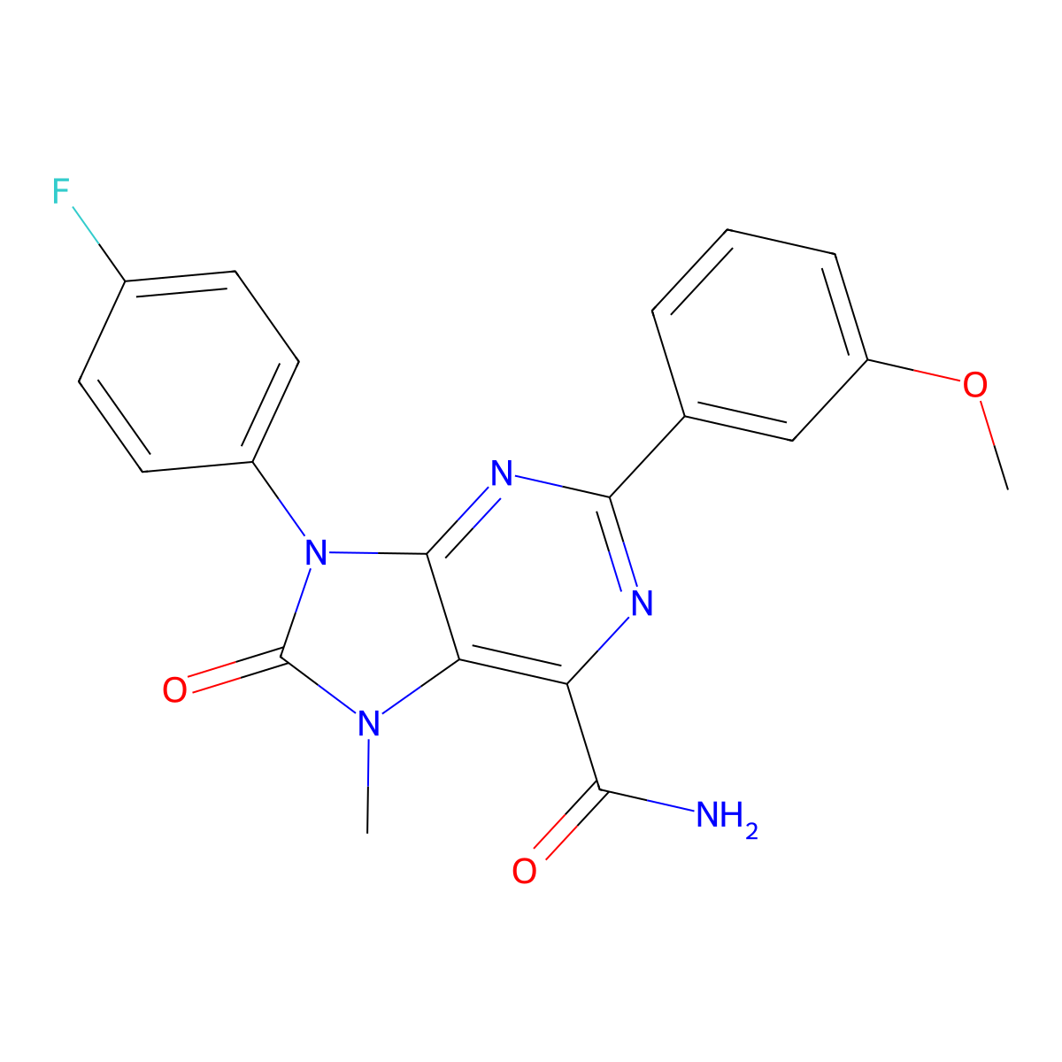 9-(4-fluorophenyl)-2-(3-methoxyphenyl)-7-methyl-8-oxo-8,9-dihydro-7H-purine-6-carboxamide molecular structure, CAS 1357715-18-4