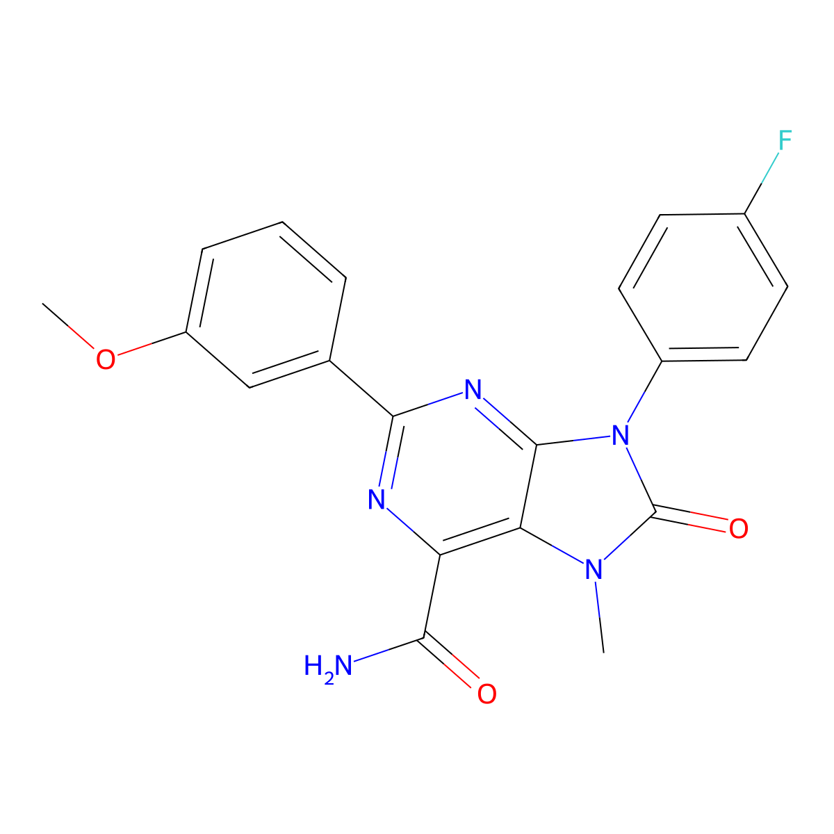 9-(4-fluorophenyl)-2-(3-methoxyphenyl)-7-methyl-8-oxo-8,9-dihydro-7H-purine-6-carboxamide molecular structure, CAS 1357715-18-4
