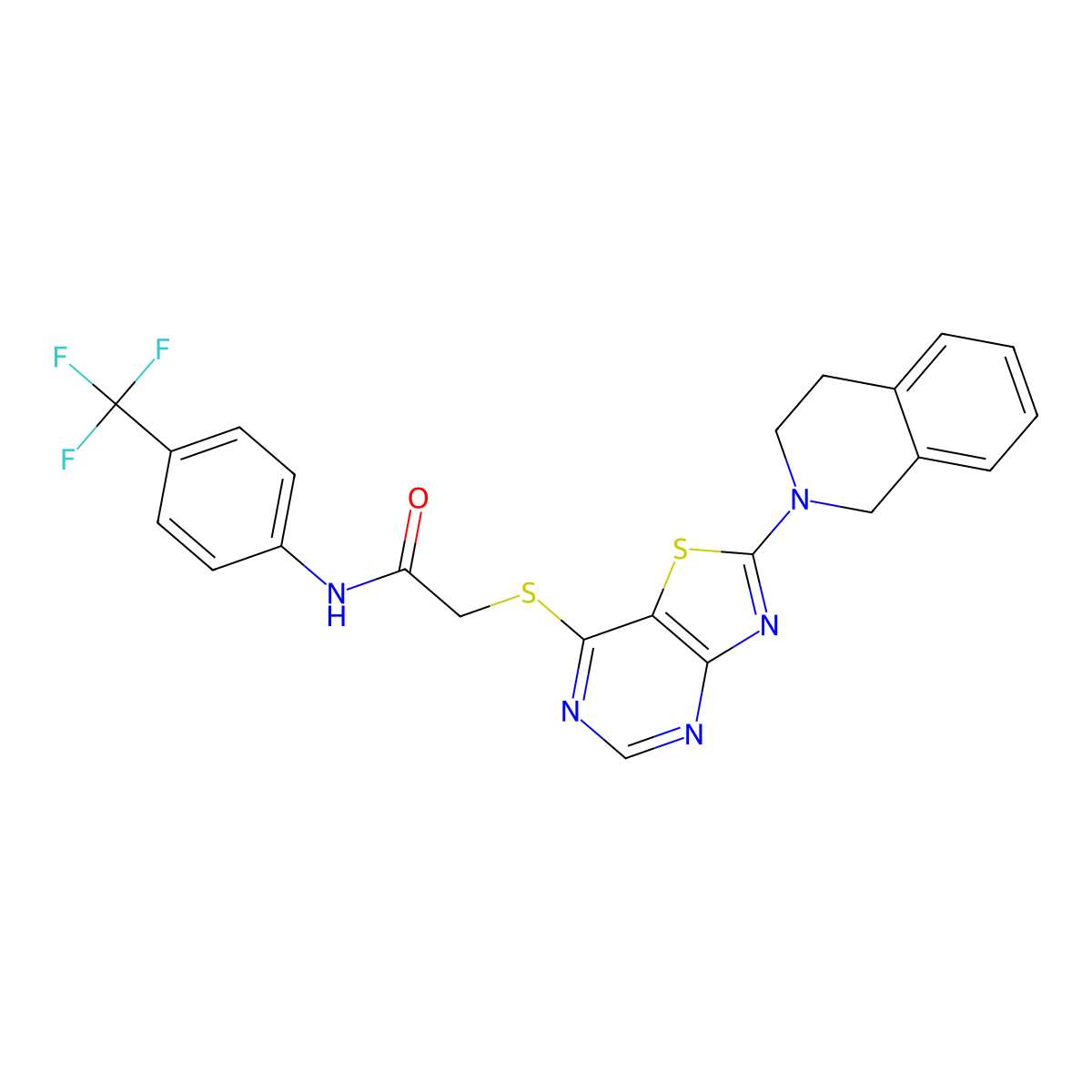 2-((2-(3,4-dihydroisoquinolin-2(1H)-yl)thiazolo[4,5-d]pyrimidin-7-yl)thio)-N-(4-(trifluoromethyl)phenyl)acetamide molecular structure, CAS 1357717-00-0