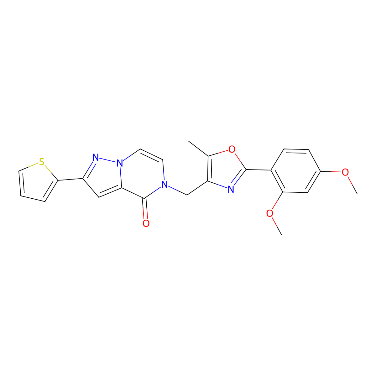 5-((2-(2,4-dimethoxyphenyl)-5-methyloxazol-4-yl)methyl)-2-(thiophen-2-yl)pyrazolo[1,5-a]pyrazin-4(5H)-one molecular structure, CAS 1357722-50-9