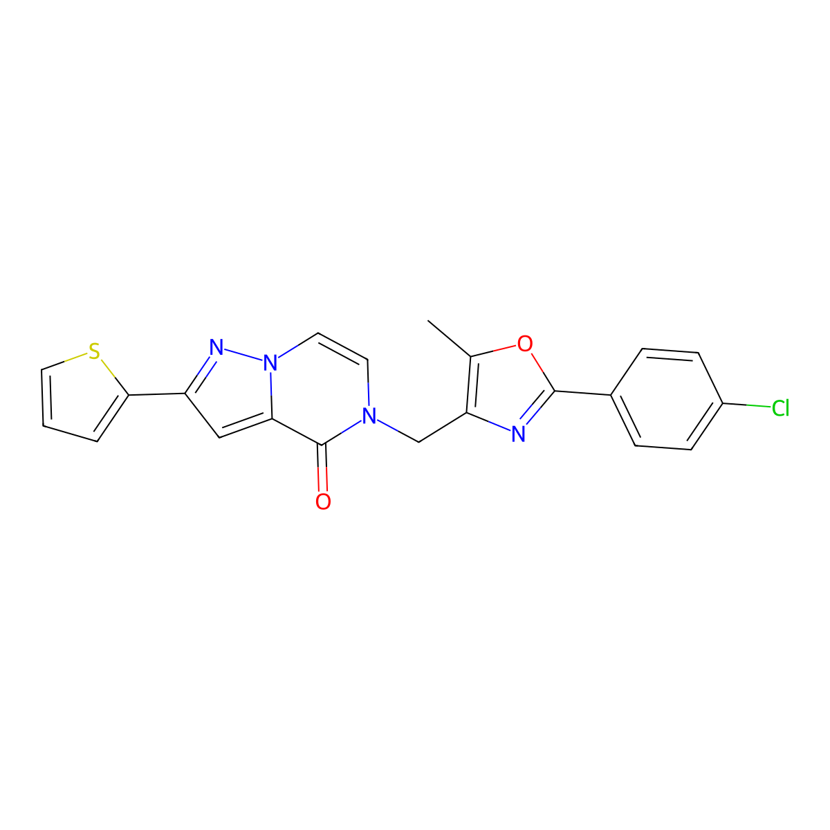 5-((2-(4-chlorophenyl)-5-methyloxazol-4-yl)methyl)-2-(thiophen-2-yl)pyrazolo[1,5-a]pyrazin-4(5H)-one molecular structure, CAS 1357726-98-7
