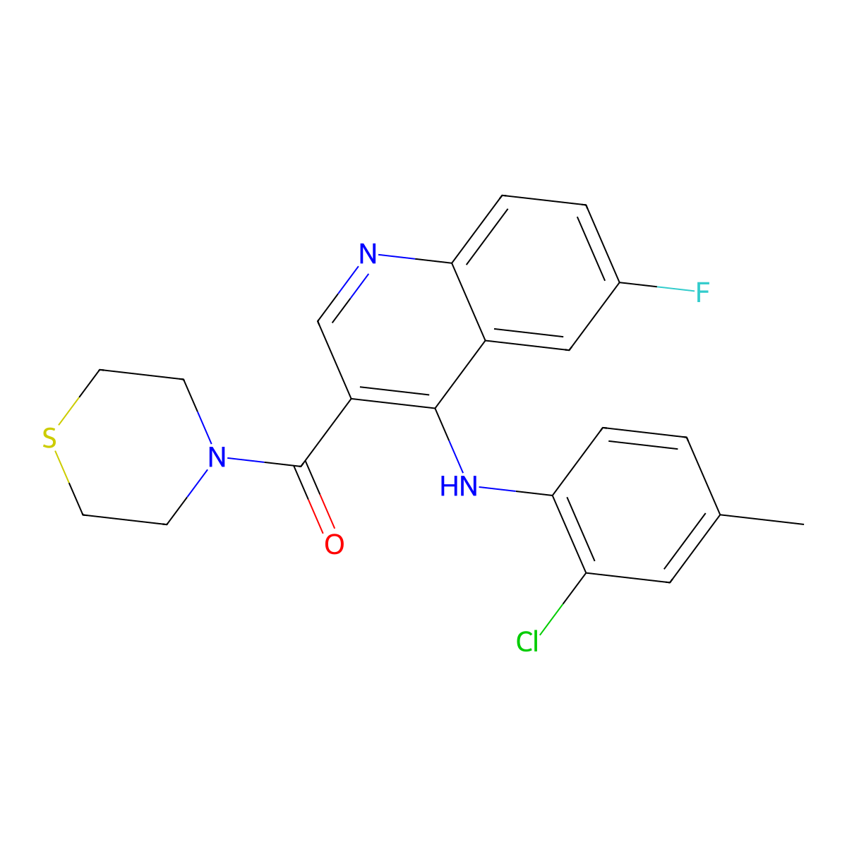 (4-((2-Chloro-4-methylphenyl)amino)-6-fluoroquinolin-3-yl)(thiomorpholino)methanone molecular structure, CAS 1357729-03-3