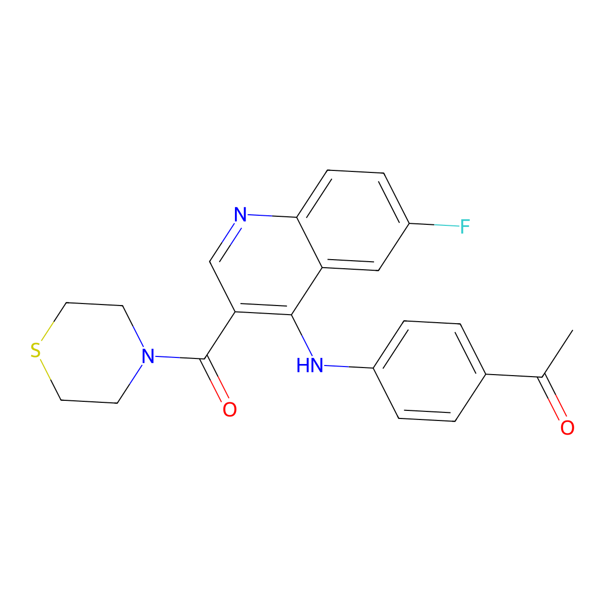 1-(4-((6-Fluoro-3-(thiomorpholine-4-carbonyl)quinolin-4-yl)amino)phenyl)ethanone molecular structure, CAS 1357729-10-2