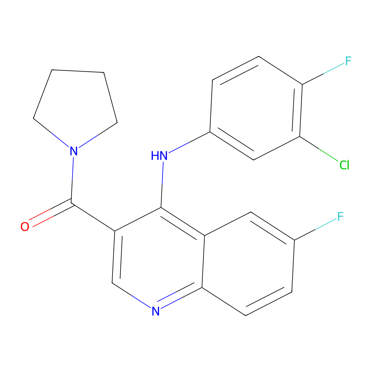 (4-((3-Chloro-4-fluorophenyl)amino)-6-fluoroquinolin-3-yl)(pyrrolidin-1-yl)methanone molecular structure, CAS 1357729-31-7