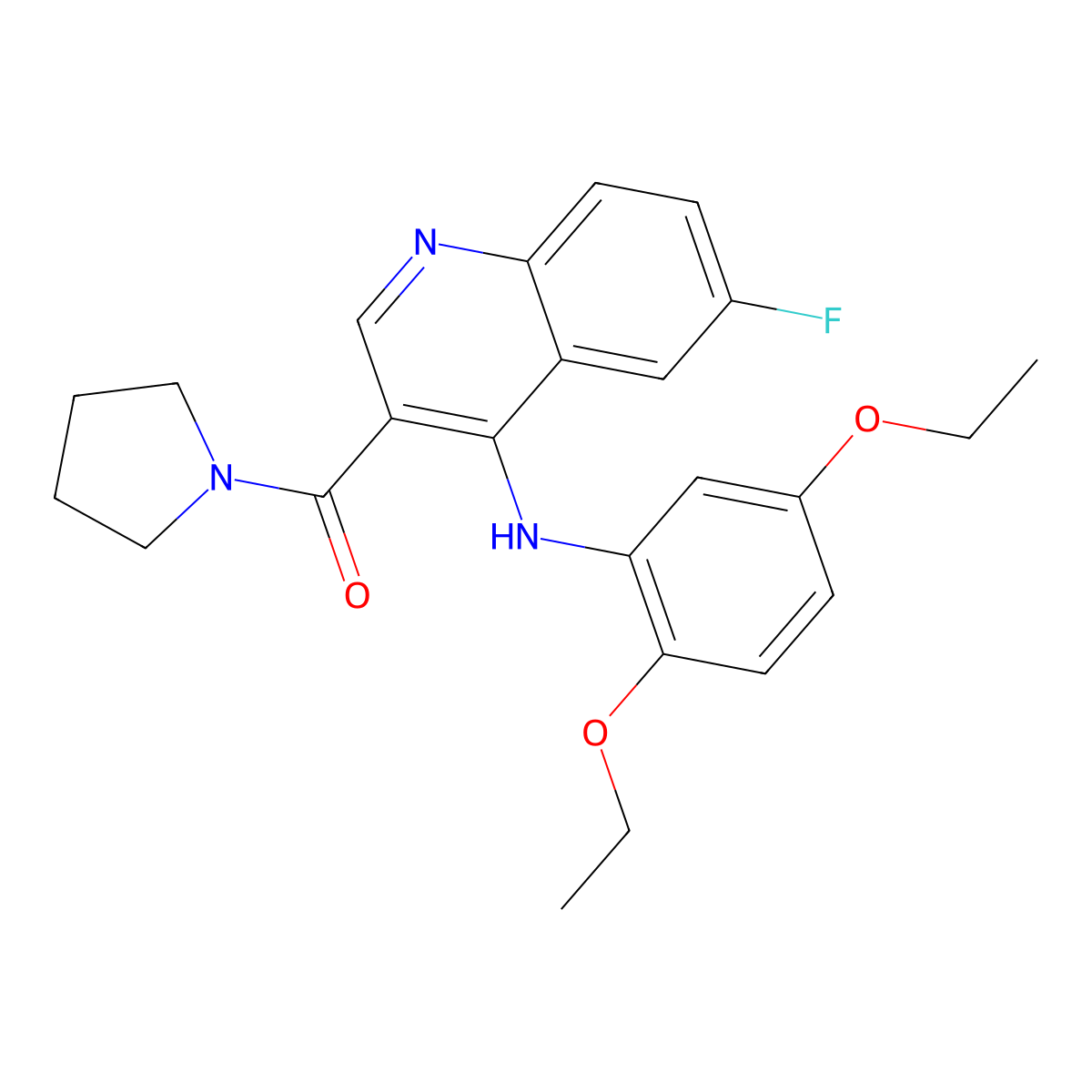 (4-((2,5-Diethoxyphenyl)amino)-6-fluoroquinolin-3-yl)(pyrrolidin-1-yl)methanone molecular structure, CAS 1357729-40-8