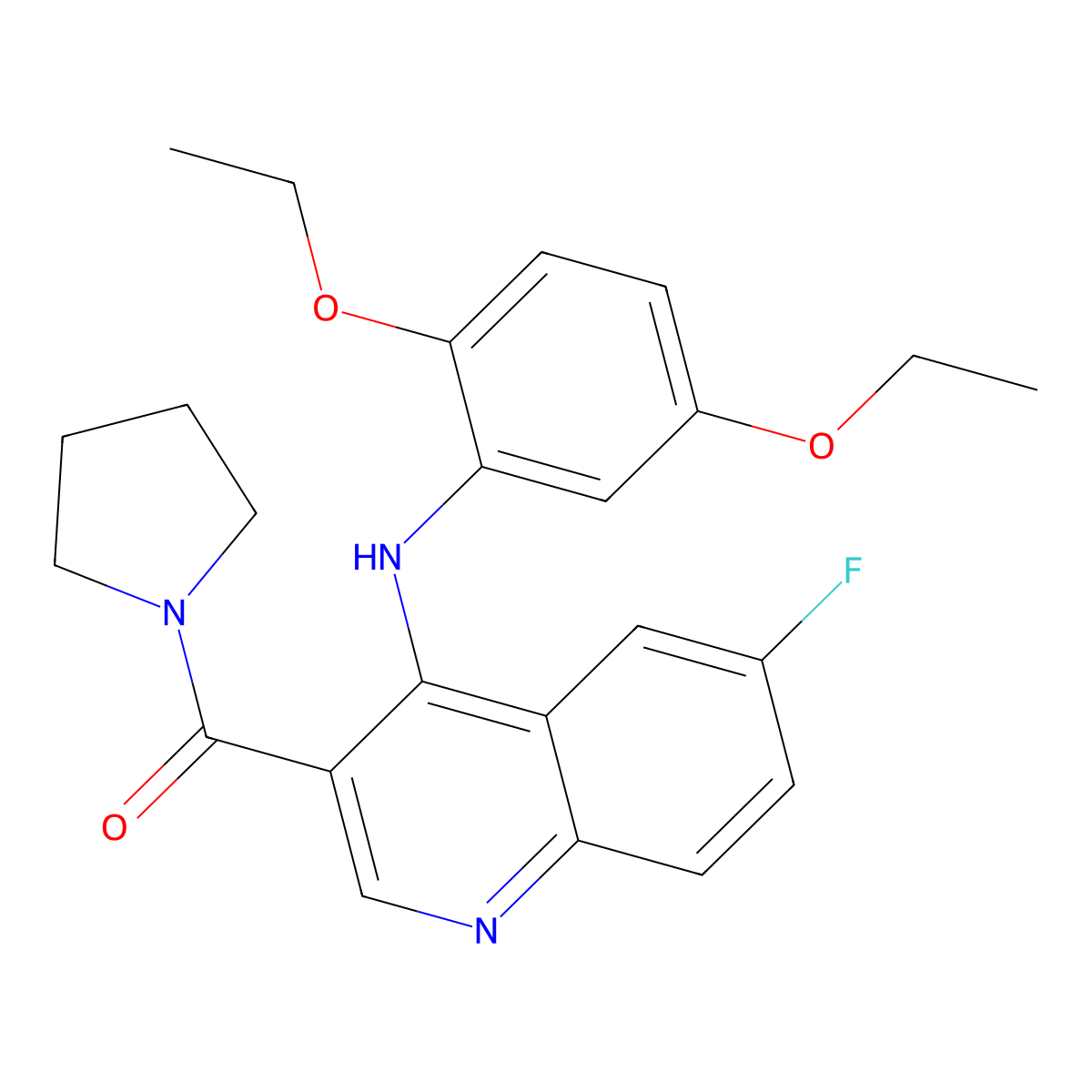(4-((2,5-Diethoxyphenyl)amino)-6-fluoroquinolin-3-yl)(pyrrolidin-1-yl)methanone molecular structure, CAS 1357729-40-8