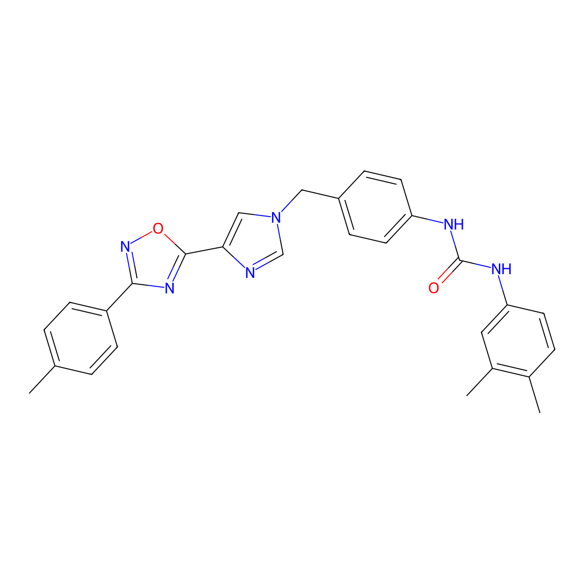 1-(3,4-dimethylphenyl)-3-(4-((4-(3-(p-tolyl)-1,2,4-oxadiazol-5-yl)-1H-imidazol-1-yl)methyl)phenyl)urea molecular structure, CAS 1357735-21-7