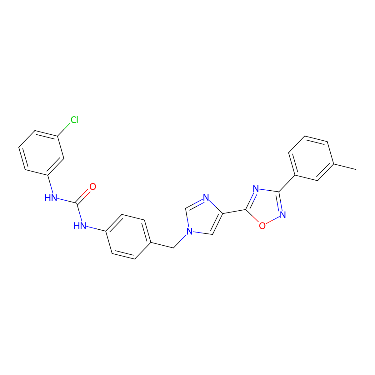 1-(3-chlorophenyl)-3-(4-((4-(3-(m-tolyl)-1,2,4-oxadiazol-5-yl)-1H-imidazol-1-yl)methyl)phenyl)urea molecular structure, CAS 1357735-46-6