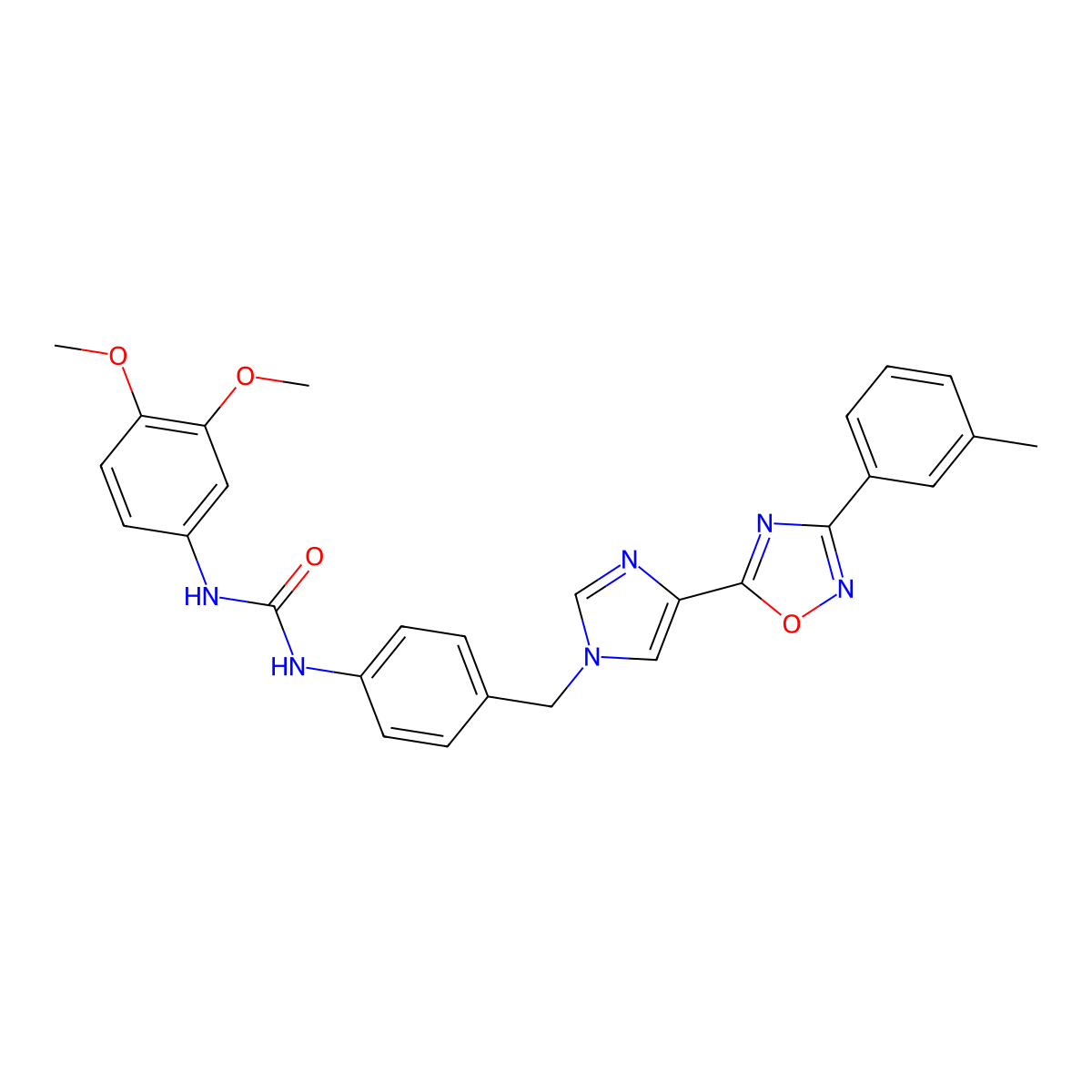 3-(3,4-dimethoxyphenyl)-1-[4-({4-[3-(3-methylphenyl)-1,2,4-oxadiazol-5-yl]-1H-imidazol-1-yl}methyl)phenyl]urea molecular structure, CAS 1357735-68-2