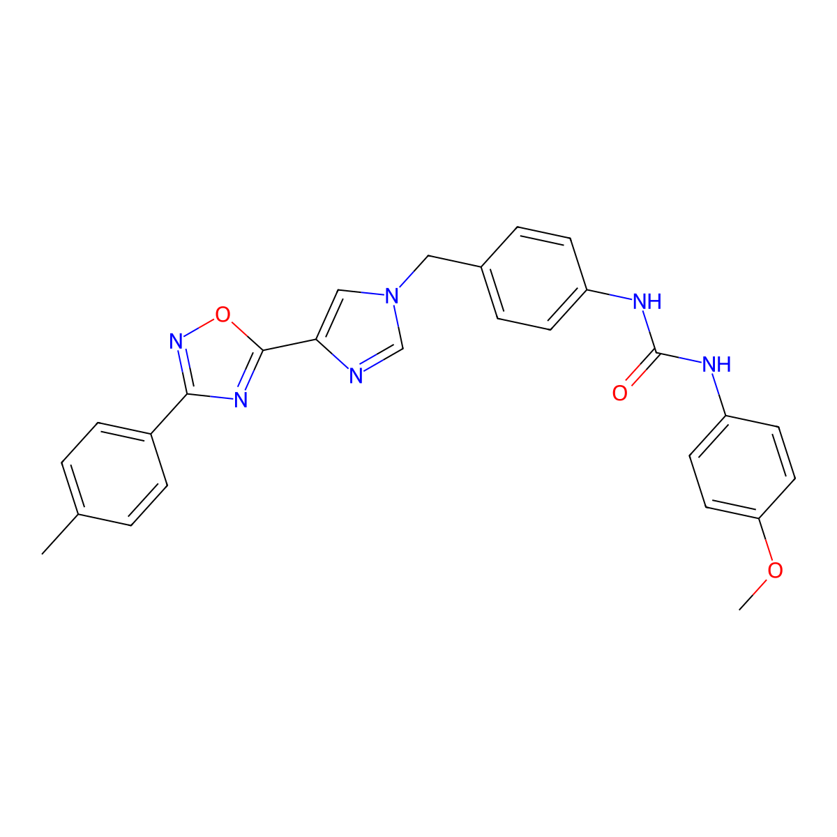 1-(4-methoxyphenyl)-3-(4-((4-(3-(p-tolyl)-1,2,4-oxadiazol-5-yl)-1H-imidazol-1-yl)methyl)phenyl)urea molecular structure, CAS 1357735-79-5