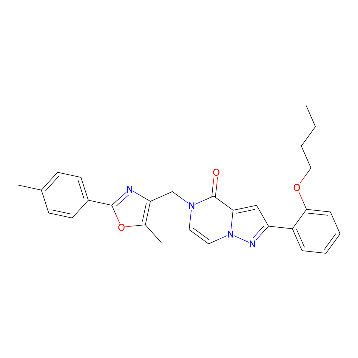 2-(2-butoxyphenyl)-5-((5-methyl-2-(p-tolyl)oxazol-4-yl)methyl)pyrazolo[1,5-a]pyrazin-4(5H)-one molecular structure, CAS 1357740-61-4