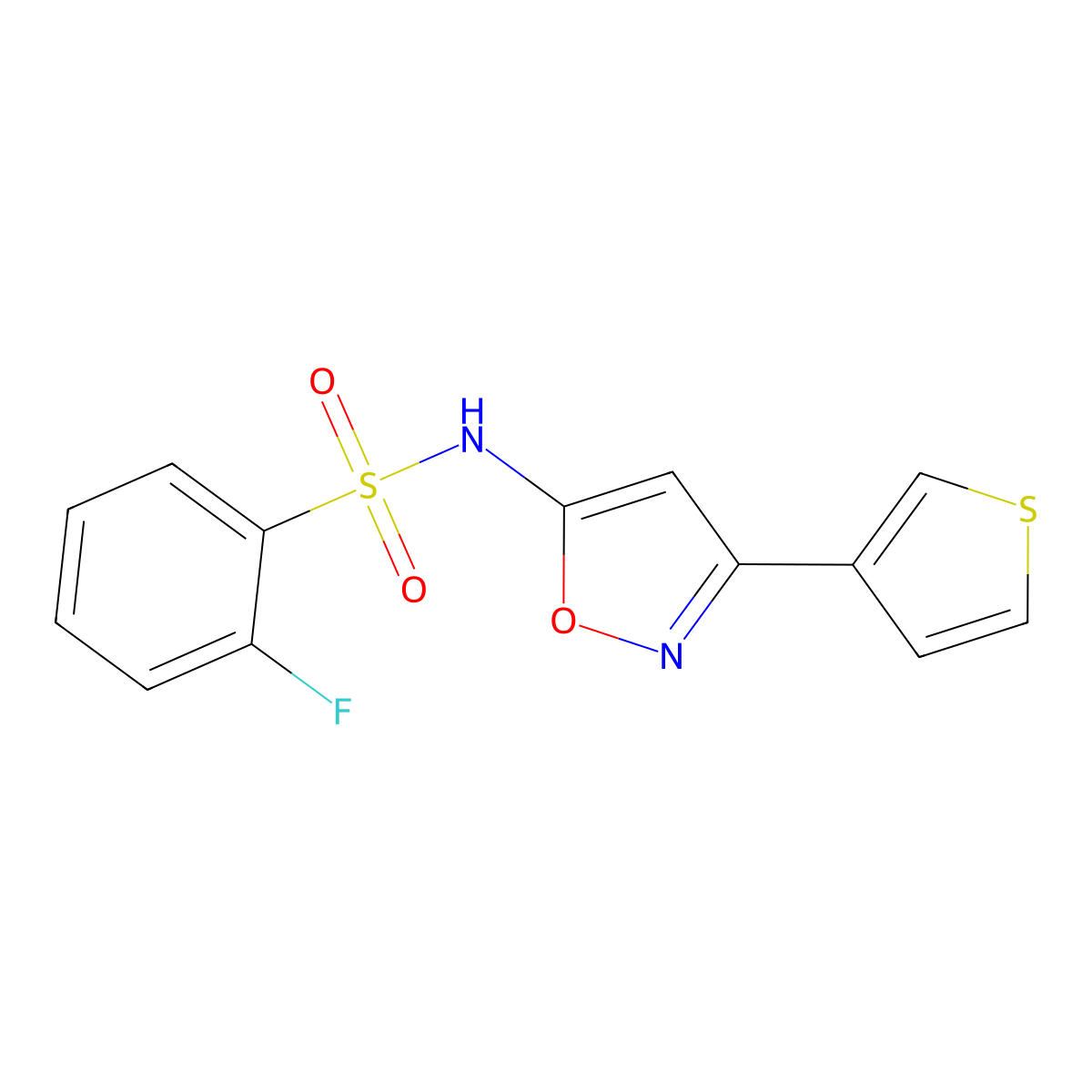 2-Fluoro-N-[3-(thiophen-3-YL)-1,2-oxazol-5-YL]benzene-1-sulfonamide molecular structure, CAS 1357746-77-0