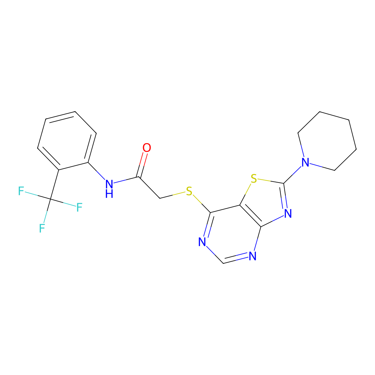 2-{[2-(Piperidin-1-YL)-[1,3]thiazolo[4,5-D]pyrimidin-7-YL]sulfanyl}-N-[2-(trifluoromethyl)phenyl]acetamide molecular structure, CAS 1357748-19-6