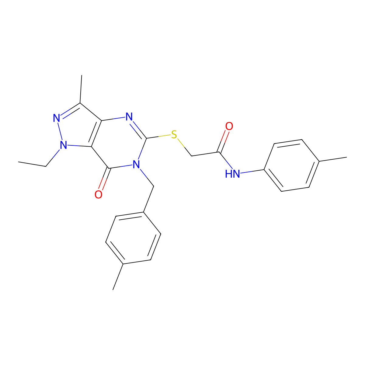 2-((1-ethyl-3-methyl-6-(4-methylbenzyl)-7-oxo-6,7-dihydro-1H-pyrazolo[4,3-d]pyrimidin-5-yl)thio)-N-(p-tolyl)acetamide molecular structure, CAS 1357782-47-8