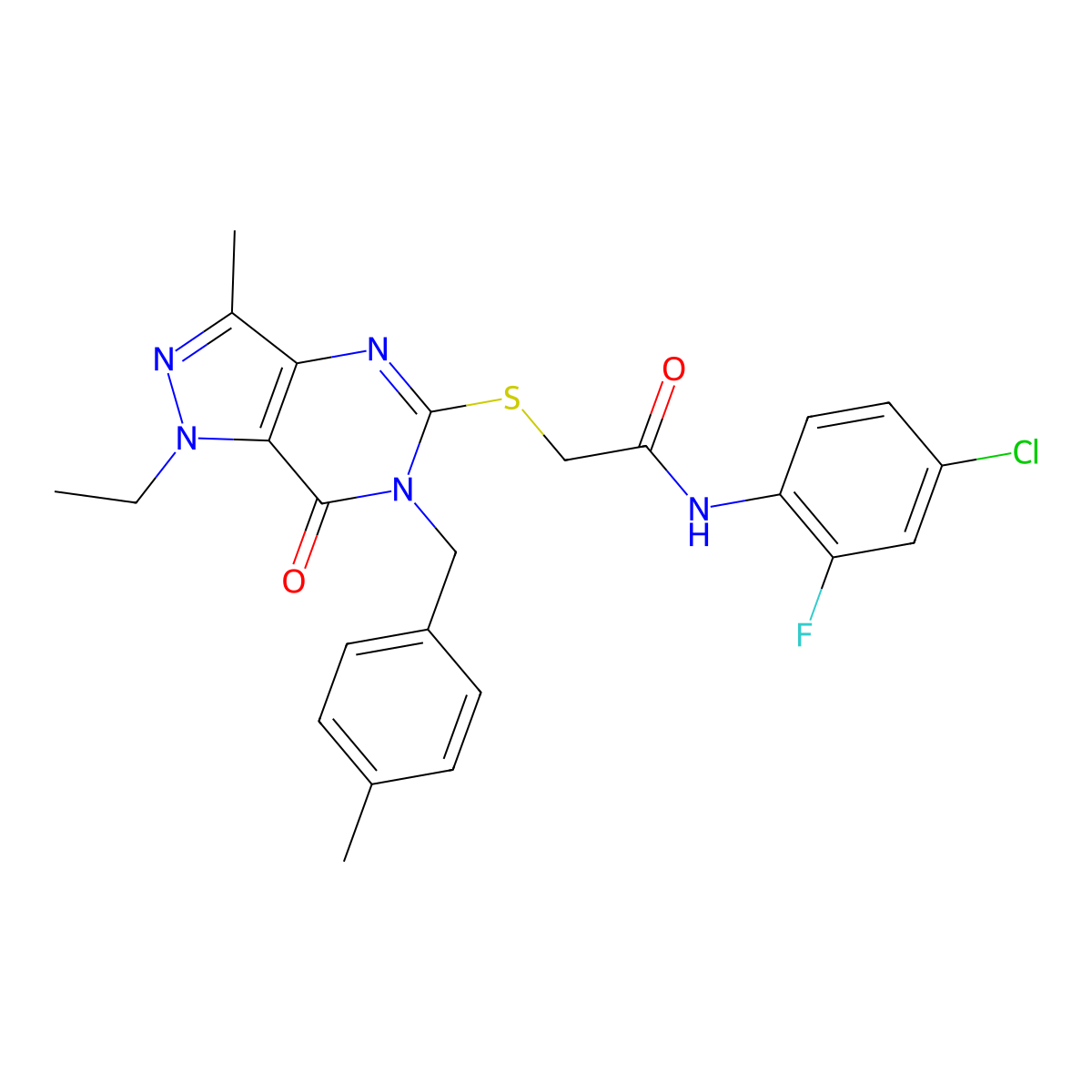 N-(4-chloro-2-fluorophenyl)-2-({1-ethyl-3-methyl-6-[(4-methylphenyl)methyl]-7-oxo-1H,6H,7H-pyrazolo[4,3-d]pyrimidin-5-yl}sulfanyl)acetamide molecular structure, CAS 1357782-52-5