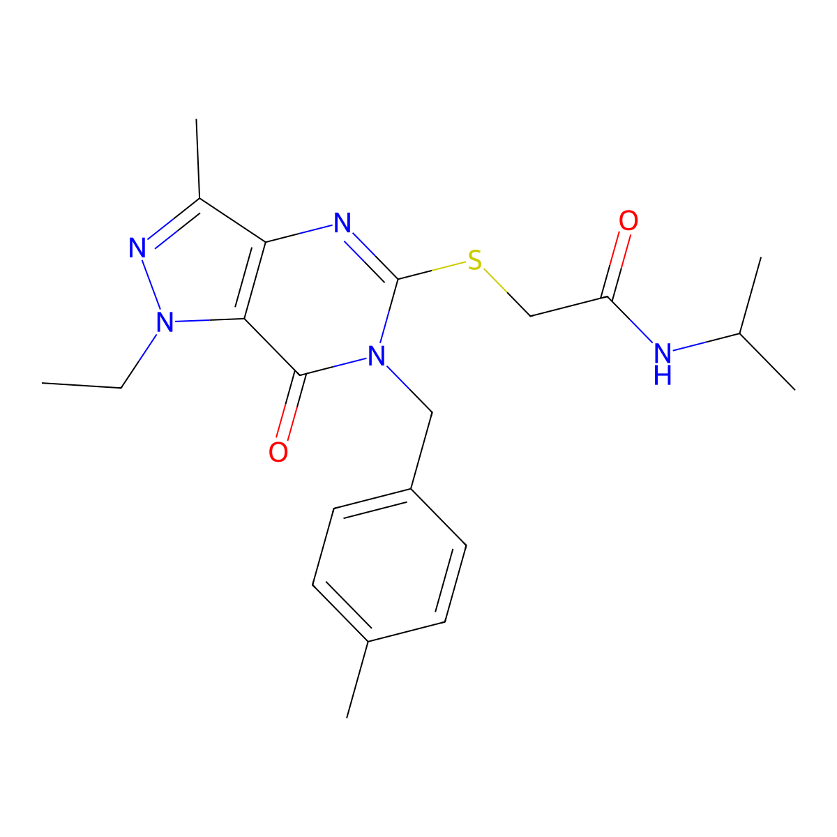 2-({1-ethyl-3-methyl-6-[(4-methylphenyl)methyl]-7-oxo-1H,6H,7H-pyrazolo[4,3-d]pyrimidin-5-yl}sulfanyl)-N-(propan-2-yl)acetamide molecular structure, CAS 1357782-63-8