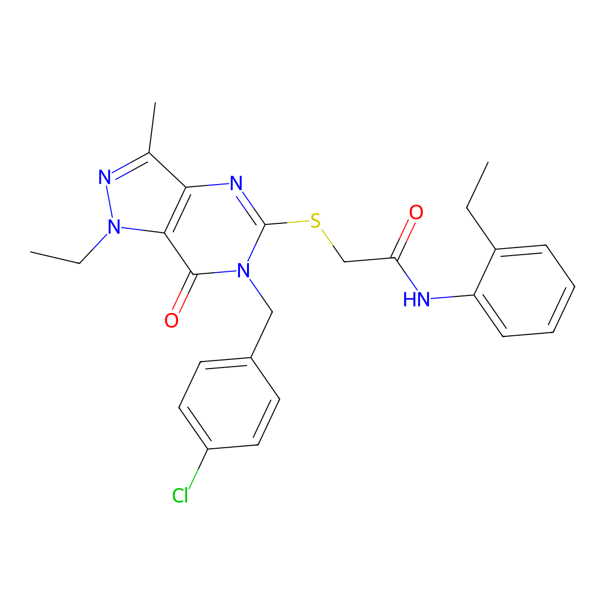 2-({6-[(4-chlorophenyl)methyl]-1-ethyl-3-methyl-7-oxo-1H,6H,7H-pyrazolo[4,3-d]pyrimidin-5-yl}sulfanyl)-N-(2-ethylphenyl)acetamide molecular structure, CAS 1357782-84-3