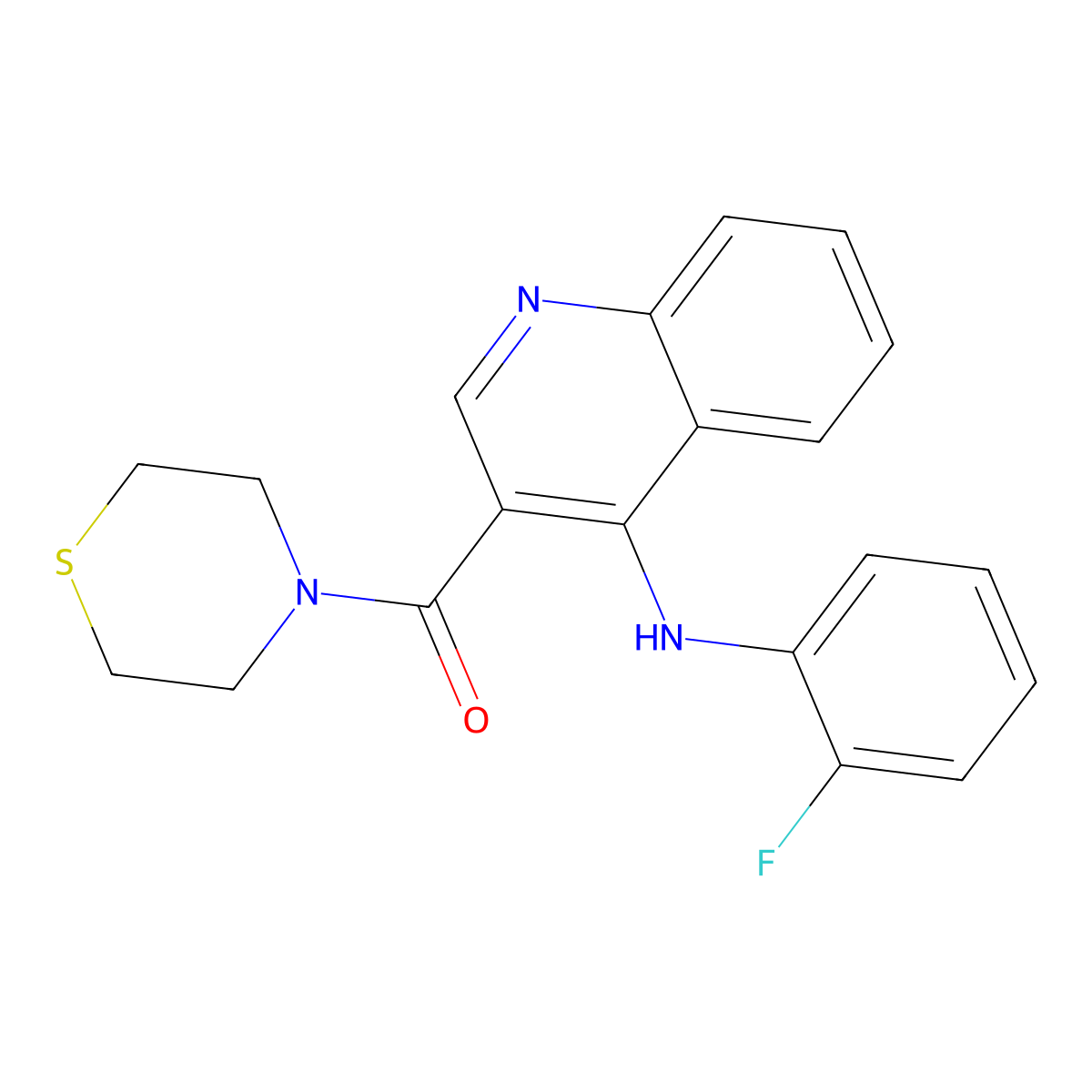 (4-((2-Fluorophenyl)amino)quinolin-3-yl)(thiomorpholino)methanone molecular structure, CAS 1357782-88-7