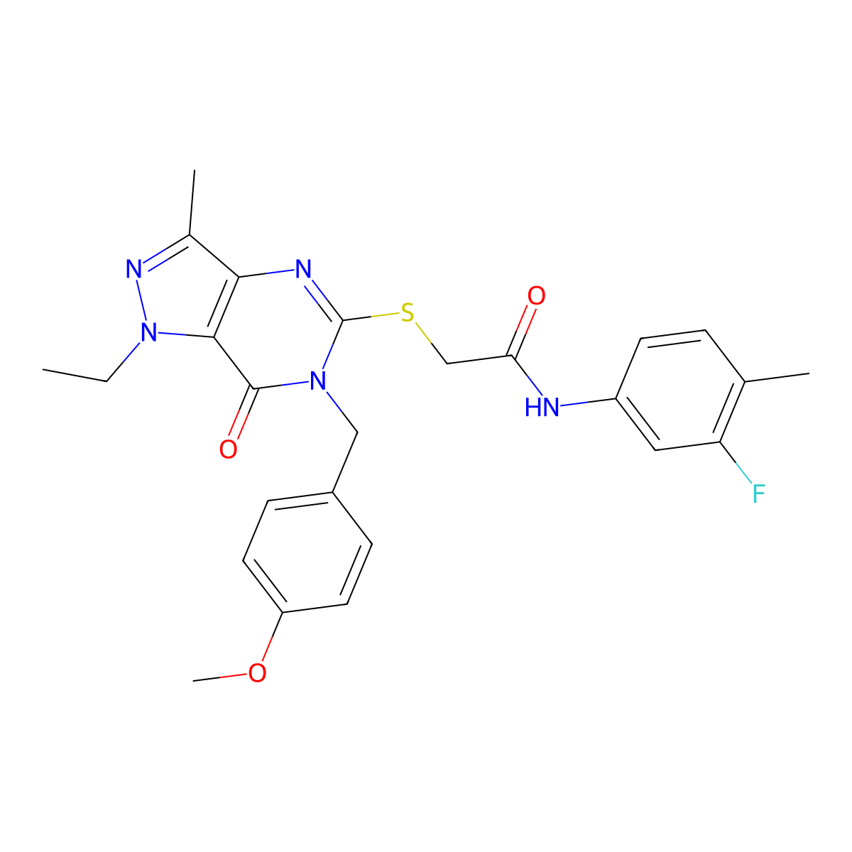 2-({1-ethyl-6-[(4-methoxyphenyl)methyl]-3-methyl-7-oxo-1H,6H,7H-pyrazolo[4,3-d]pyrimidin-5-yl}sulfanyl)-N-(3-fluoro-4-methylphenyl)acetamide molecular structure, CAS 1357782-93-4