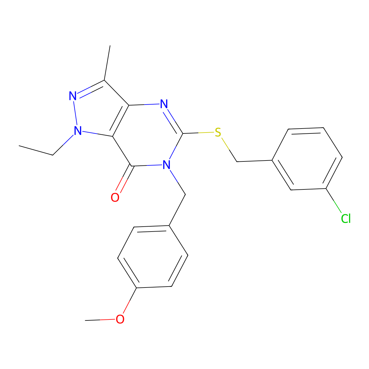 5-((3-chlorobenzyl)thio)-1-ethyl-6-(4-methoxybenzyl)-3-methyl-1H-pyrazolo[4,3-d]pyrimidin-7(6H)-one molecular structure, CAS 1357783-02-8