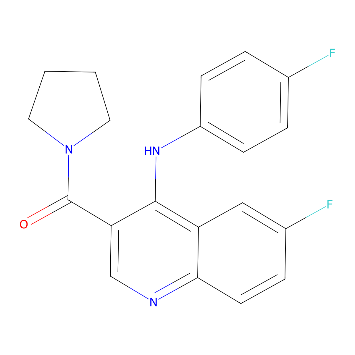(6-Fluoro-4-((4-fluorophenyl)amino)quinolin-3-yl)(pyrrolidin-1-yl)methanone molecular structure, CAS 1357783-03-9