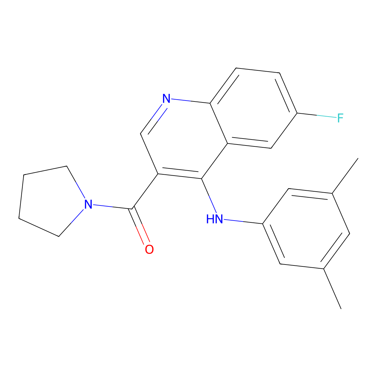 (4-((3,5-Dimethylphenyl)amino)-6-fluoroquinolin-3-yl)(pyrrolidin-1-yl)methanone molecular structure, CAS 1357783-16-4