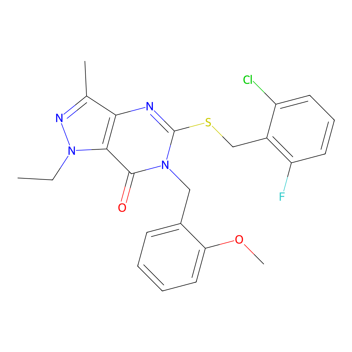 5-((2-chloro-6-fluorobenzyl)thio)-1-ethyl-6-(2-methoxybenzyl)-3-methyl-1H-pyrazolo[4,3-d]pyrimidin-7(6H)-one molecular structure, CAS 1357783-33-5